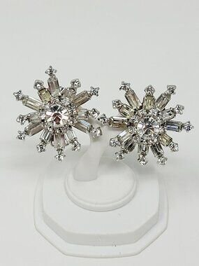Vintage Rhinestone Starburst Clip On Earrings Silver Tone